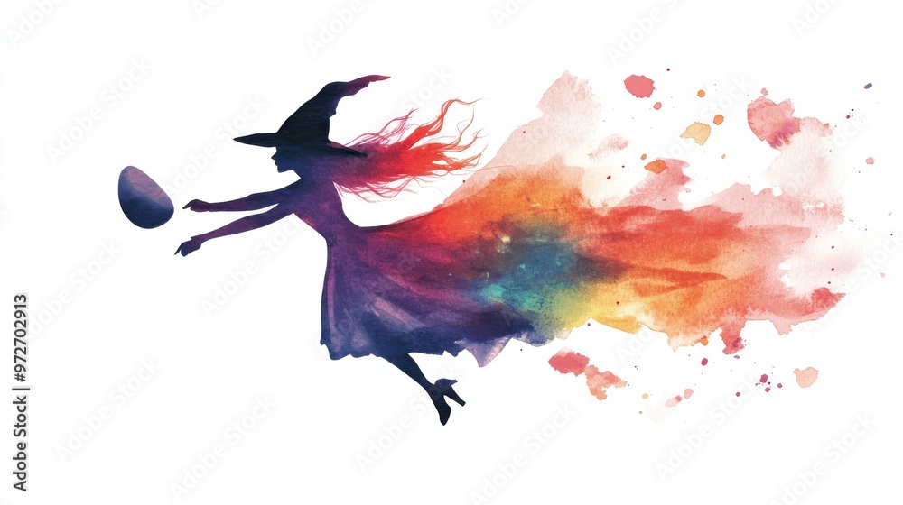 A colorful witch flying through the sky while casting a spell during an enchanting twilight moment