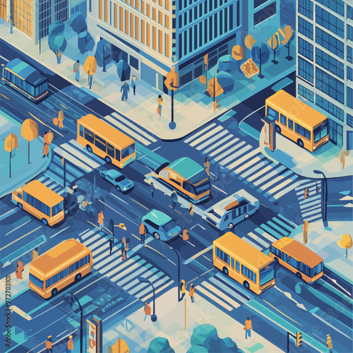 City Crossroads Traffic Jam Isometric Illustration