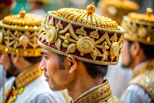 Traditional Malay male headdress, intricately embroidered with gold thread, worn during Islamic festivals and photo