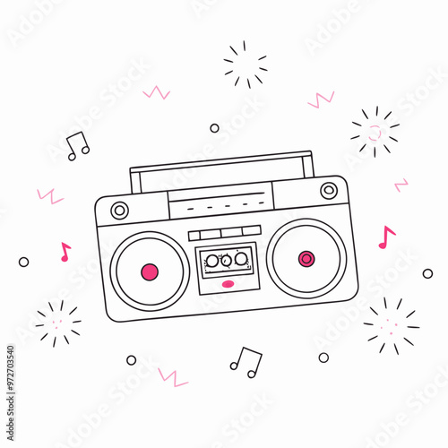 Retro boombox, outline design, pink accents, lively music-themed graphic with notes