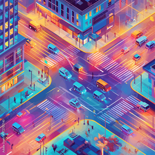 Busy Isometric City Intersection with Traffic