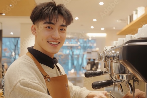 Smiling Barista Making Coffee in a Modern Cafe photo