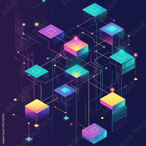 Blockchain Technology Network Visualization Isometric Illustration