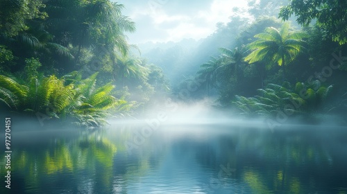 Serene jungle landscape with mist over a calm river.