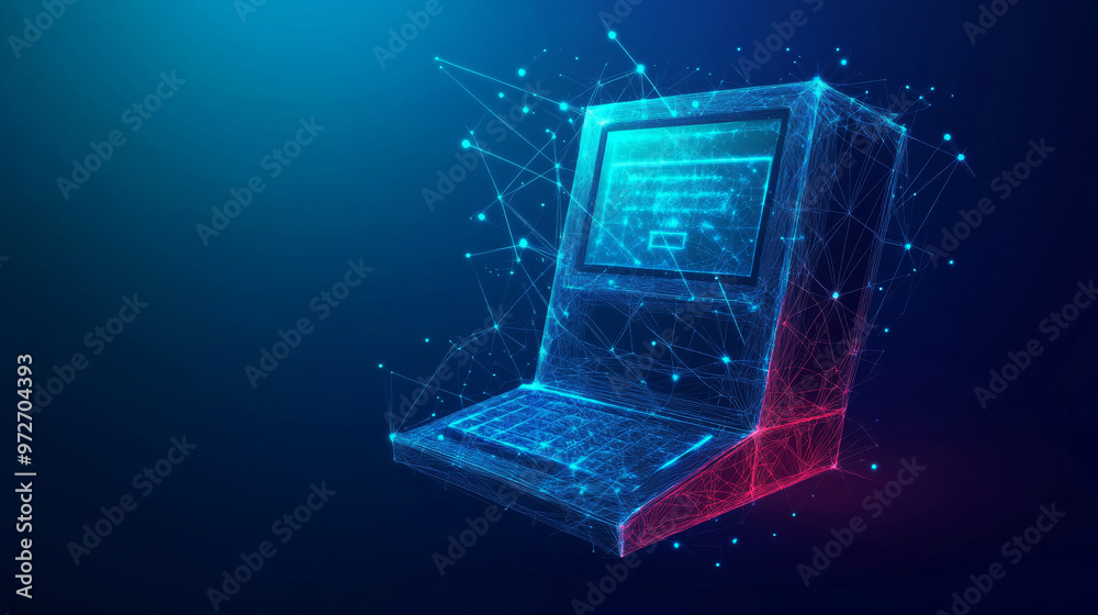 Abstract ATM displayed on a laptop screen with a digital technology blue background. Features low-poly wireframe illustration with polygons, lines, particles, and connected dots. Represents online mon Abstract ATM displayed on a laptop screen with a digital technology blue background. Features low-poly wireframe illustration with polygons, lines, particles, and connected dots. Represents online mon
