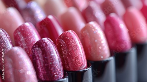 A vibrant array of colorful glitter nail polishes displayed neatly at a beauty supply store. Generative AI