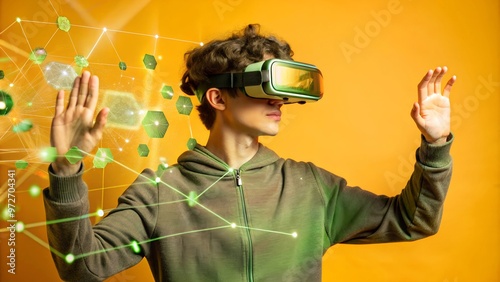 Person Wearing VR Glasses Interacting with Holographic Interfaces, orange background photo