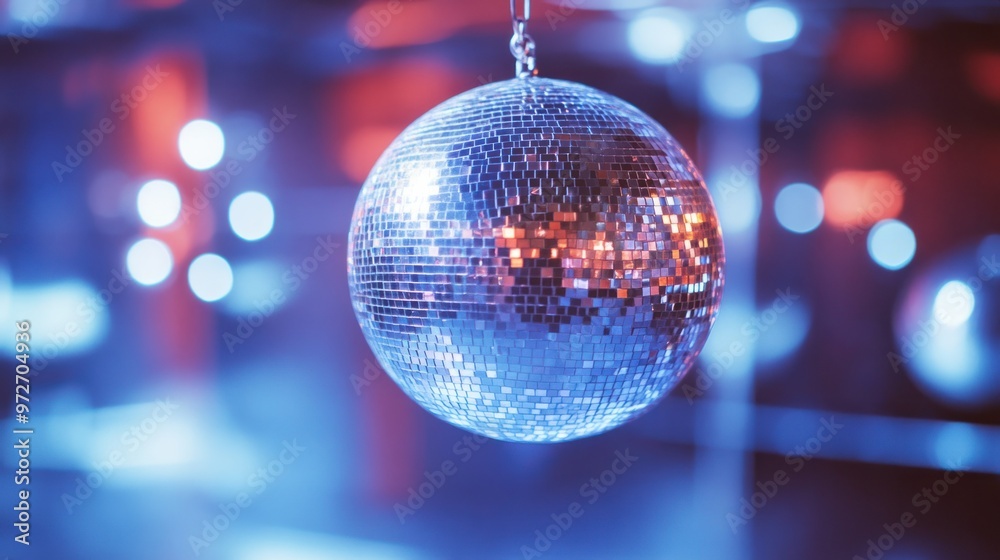 Obraz premium A silver disco ball hanging from the ceiling, casting glittering reflections across a dance floor