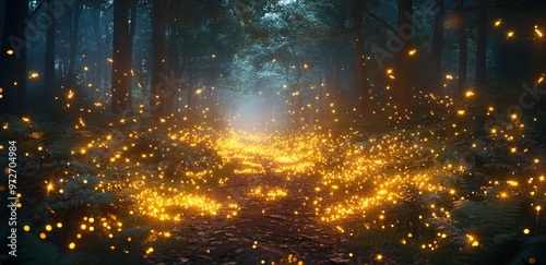 Enchanted Forest at Night with Fireflies. AI generated illustration