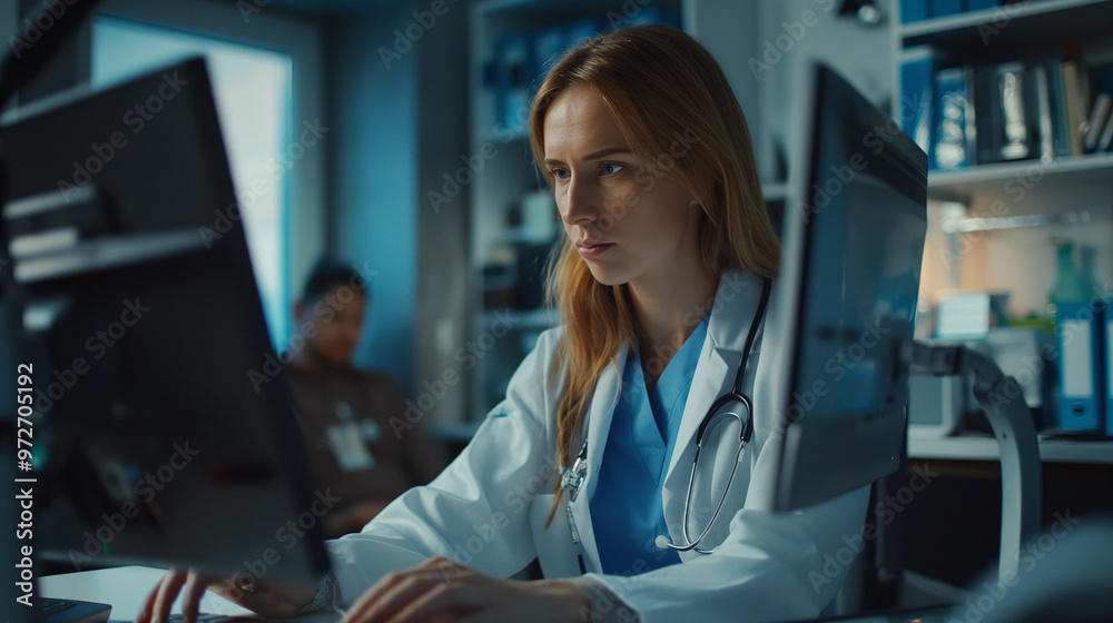 Doctor analyzing medical data on a computer in clinical office.