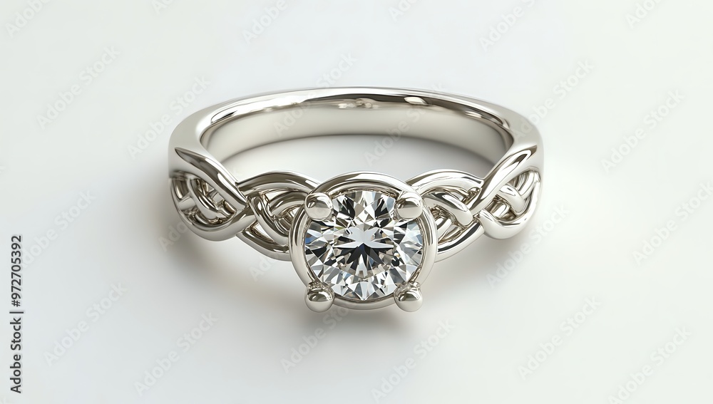 A silver engagement ring with a large diamond, isolated on a white background. A silver engagement ring with a large diamond, isolated on a white background.