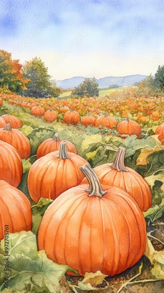 A vibrant pumpkin patch in a rural landscape during autumn with bright orange pumpkins surrounded by lush green foliage A vibrant pumpkin patch in a rural landscape during autumn with bright orange pumpkins surrounded by lush green foliage