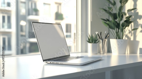 Wallpaper Mural A silver laptop on a clean, white desk, with reflections of natural light from a nearby window Torontodigital.ca