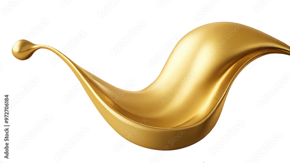 Curved, flowing horizontal golden wave with central dip and droplet shaped sphere at one end Curved, flowing horizontal golden wave with central dip and droplet shaped sphere at one end