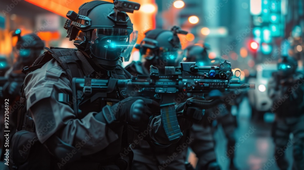 Fototapeta premium A group of soldiers are standing in a city street