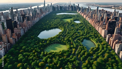 Aerial view of Central Park in stunning detail, showcasing lush greenery and vibrant city life through AI generative artistry. photo