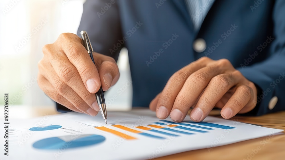 Hands analyzing a report with economic value charts and statistical patterns, representing data-driven decision-making in finance Financial report, Economic patterns Hands analyzing a report with economic value charts and statistical patterns, representing data-driven decision-making in finance Financial report, Economic patterns
