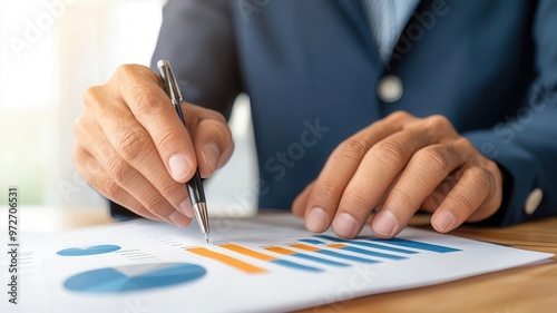 Hands analyzing a report with economic value charts and statistical patterns, representing data-driven decision-making in finance Financial report, Economic patterns