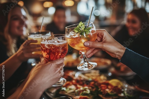 Friends toasting cocktails at a trendy bar, close-up of hands holding colorful drinks photo