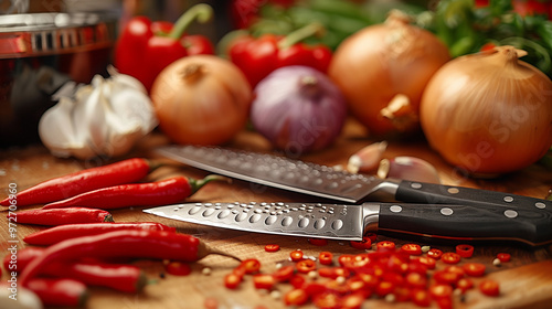 Wallpaper Mural Red hot chillies and knives on cutting board in the kitchen. Spices and vegetables on the table. Torontodigital.ca