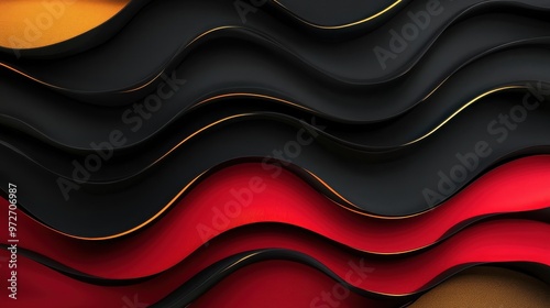 Colorful abstract waves of black, red, and gold resembling a dynamic flow of materials in a modern artistic design