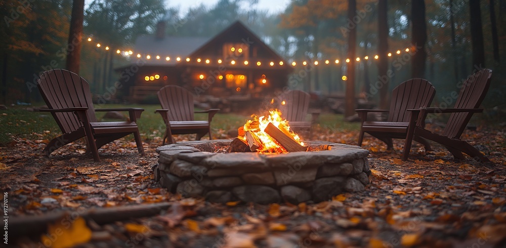 Cozy Outdoor Setting with Fire Pit and Rustic Cabin. AI generated illustration Cozy Outdoor Setting with Fire Pit and Rustic Cabin. AI generated illustration