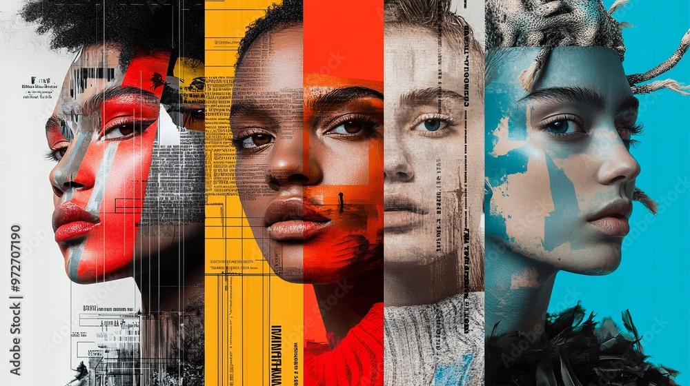 Obraz premium Typography poster design. Posters with four distinct fashion portraits, each overlaid with typography design elements and promotional text