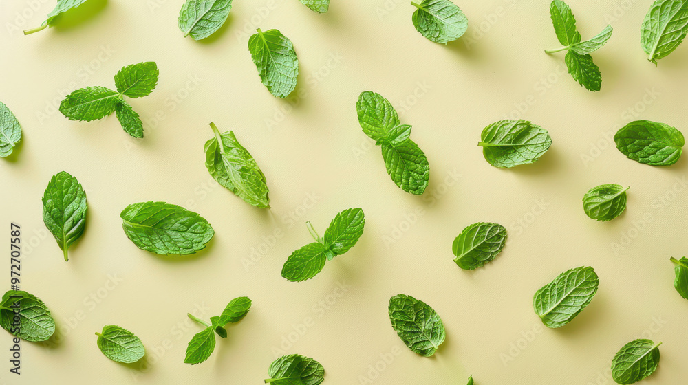 Small mint leaves on a yellow background. Texture for background, wallpaper, poster, banner, card. View from above. Small mint leaves on a yellow background. Texture for background, wallpaper, poster, banner, card. View from above.