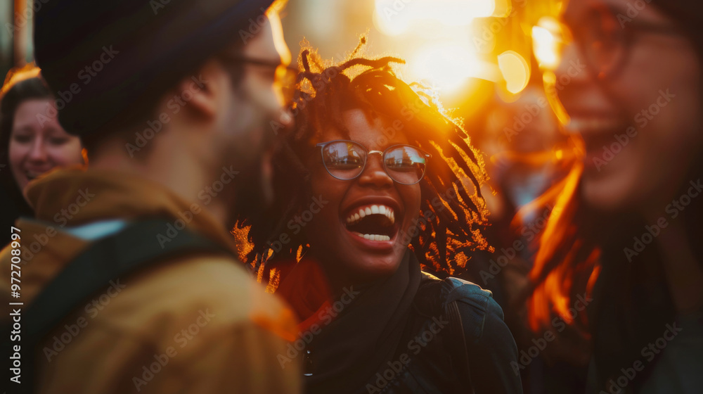 Joyful gathering of friends enjoying a sunset outdoors, with laughter and vibrant energy illuminating the scene Joyful gathering of friends enjoying a sunset outdoors, with laughter and vibrant energy illuminating the scene