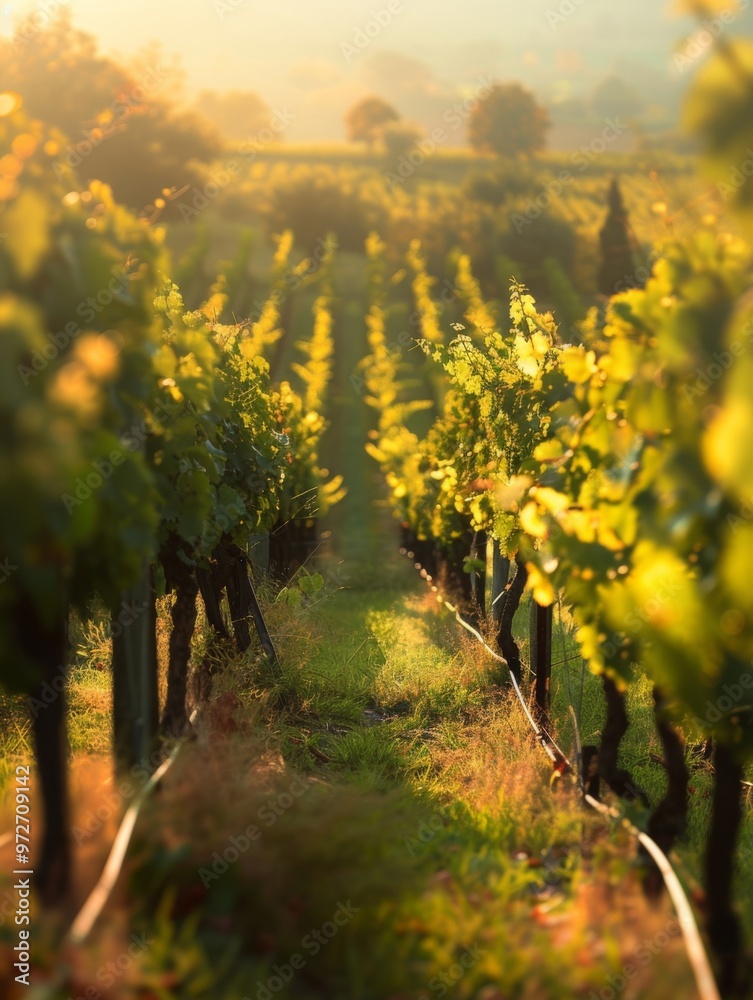 Naklejka premium Sunset over a lush vineyard showcasing rows of green grapevines stretching into the distance under soft golden light during late afternoon