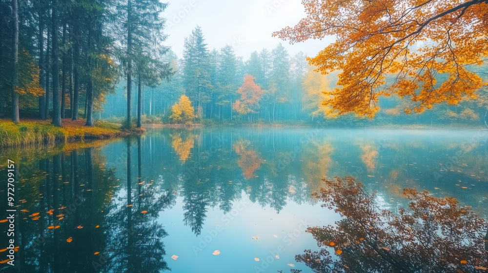 Naklejka premium A tranquil forest lake in early autumn, with leaves just beginning to change color and a soft breeze rippling the water.