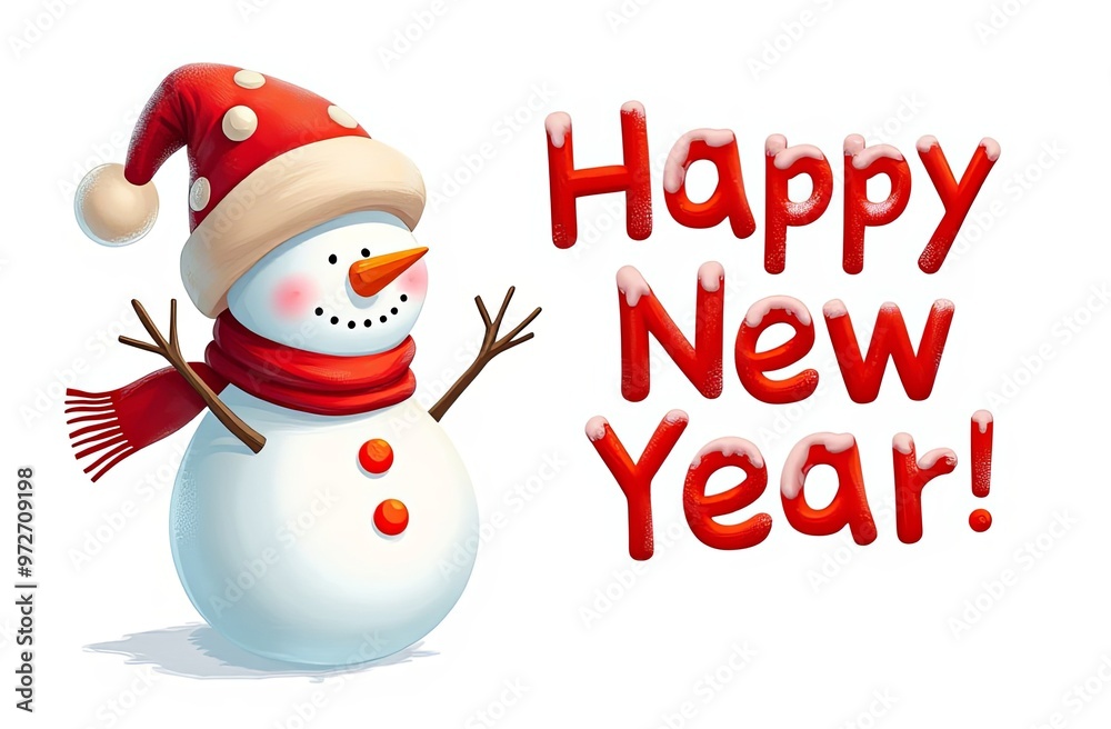 Happy New Year card with snowman. Watercolor illustration. Merry christmas card