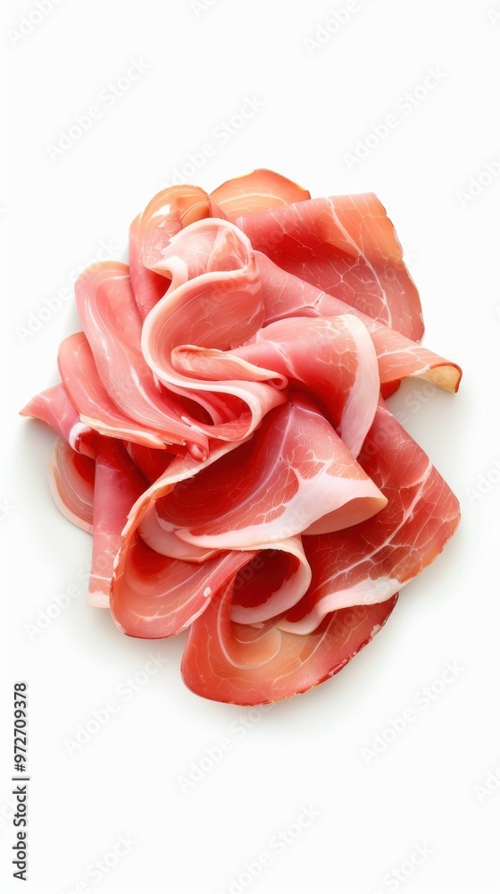 Slices of cured ham beautifully arranged on a white background showcasing their delicate texture and rich color Slices of cured ham beautifully arranged on a white background showcasing their delicate texture and rich color