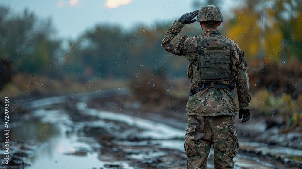 A soldier salutes with respect along a muddy path in a serene landscape during autumn twilight. Generative AI A soldier salutes with respect along a muddy path in a serene landscape during autumn twilight. Generative AI