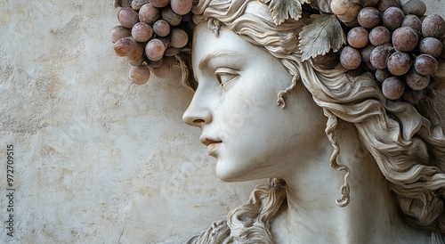 Marble Statue of Goddess Clio with Wreaths and Grape Leaves, Against a White Wall. AI generated illustration photo