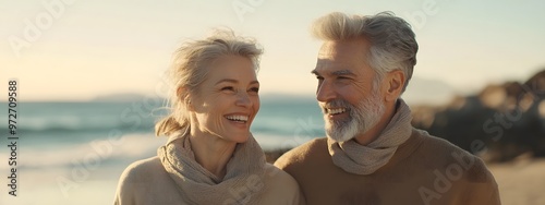 A happy senior couple smiling and walking hand in hand on the beach, with the ocean behind them