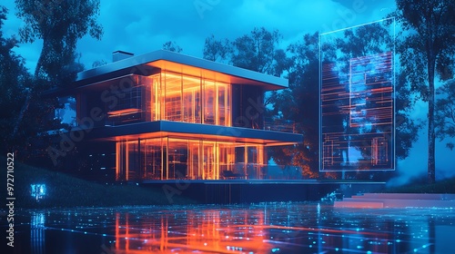 A modern, futuristic house illuminated with vibrant neon lighting, showcasing digital architecture, smart technology, and an advanced design concept. photo