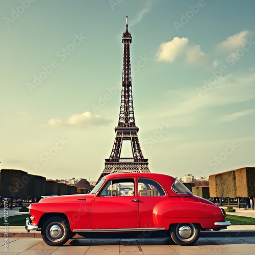 Eiffel Tower and Classic Red French Car – Iconic Parisian Scene