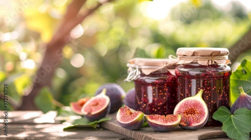 Fresh fig jam in jars surrounded by ripe figs on a wooden table in a sunlit garden setting during the late afternoon