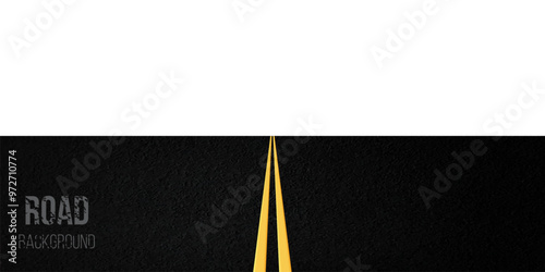 Asphalt background with perspective view. Textured black road with two yellow straight lines. Top view of highway with yellow markup. Street, traffic, direction, navigation, racing. Realistic vector.