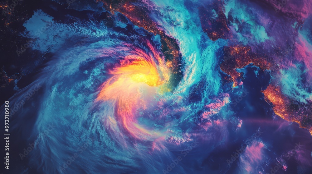 Heatmap of a coastal region during a hurricane, with vibrant colors showing the storm's intensity and cooler tones in the calmer surrounding areas. 4K hyperrealistic photo. Heatmap of a coastal region during a hurricane, with vibrant colors showing the storm's intensity and cooler tones in the calmer surrounding areas. 4K hyperrealistic photo.