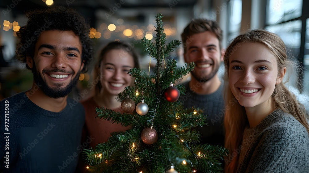 Team gathered around a Christmas tree in a modern office celebrating success.