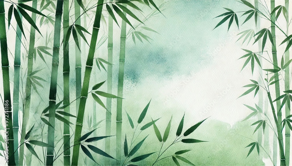 Fototapeta premium Enchanted Bamboo Thicket: A Verdant Watercolor Depiction of Tranquil Nature