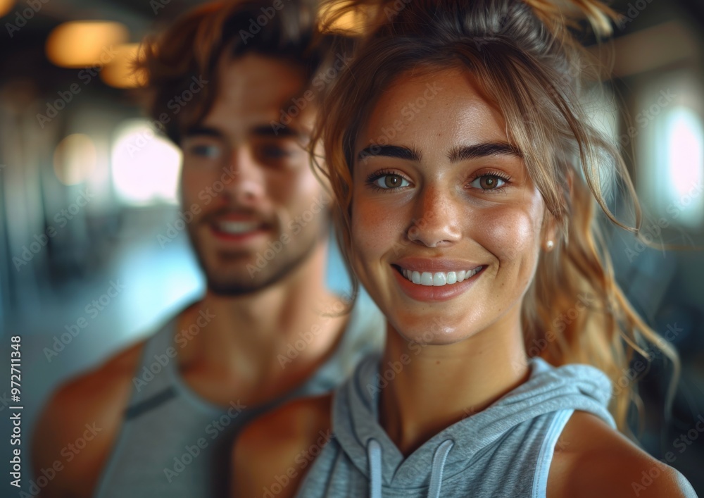 a smilling full body view of a couple. Set in a gym. a smilling full body view of a couple. Set in a gym.