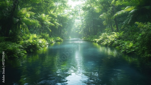 Serene river flowing through a lush, green rainforest.