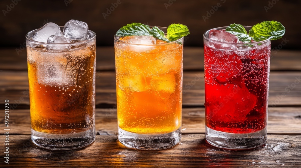 Glasses of different refreshing soda water with ice cubes on wooden table. Space for text Glasses of different refreshing soda water with ice cubes on wooden table. Space for text
