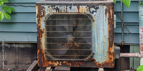 Old, rusty air conditioning unit beside blue wooden house in a residential area, showing signs of wear and neglect with green leaves growing nearby photo