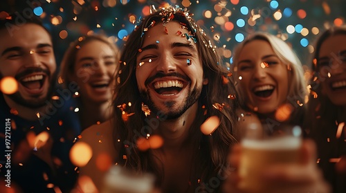 Business team laughing and enjoying a New Year party in a well-decorated office.