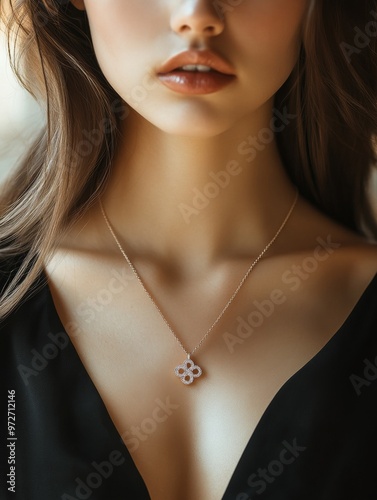 A close-up view of a woman wearing a delicate flower-shaped necklace, showcasing her elegant collarbone, with a soft focus background during daylight