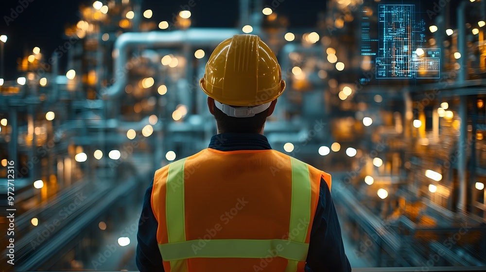 An engineer wearing a yellow hard hat and orange safety vest overlooking an oil refinery, enhanced by a futuristic holographic interface for a digital transformation perspective. An engineer wearing a yellow hard hat and orange safety vest overlooking an oil refinery, enhanced by a futuristic holographic interface for a digital transformation perspective.